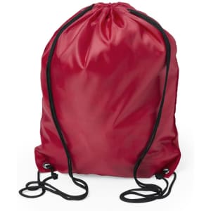 A red drawstring bag with black cords and a logo on the front.