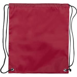 A red drawstring bag with black cord handles and metal grommets. It has a simple, solid design.