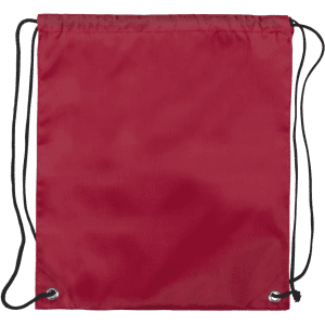 A red drawstring bag with a simple design and two black drawstrings, featuring metal eyelets.