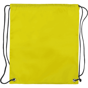 A yellow drawstring bag with black cords, featuring silver eyelets for securing the drawstring.