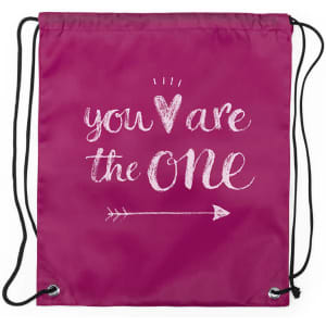 A pink drawstring bag featuring white text and an arrow design, along with a branding logo.