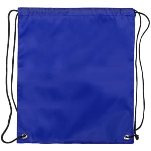 A blue drawstring bag with black cord closures and a simple design, featuring eyelets for the drawstrings.