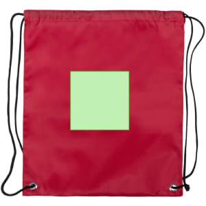 A red drawstring bag featuring a square green design in the centre. It has black cord drawstrings and silver eyelets.