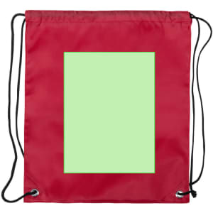 A red drawstring bag with a plain green area on the front and black drawstrings.