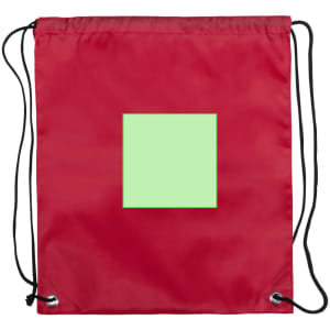 A red drawstring bag with black cords and a plain green square design on the front.