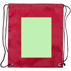 A red drawstring bag featuring a green rectangular area, with black drawstrings and eyelets.