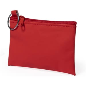 A red purse with a zip closure and a ring attachment for easy carry.