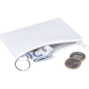 A white purse with a zipped compartment containing banknotes and two coins. It features a keyring attachment.