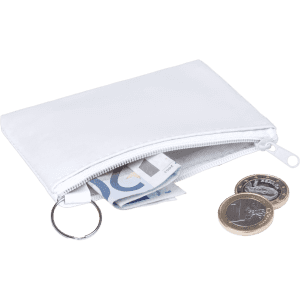 A white purse with a zip, holding cash and coins, featuring a keyring attachment.
