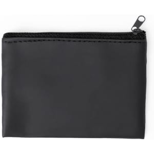 A black zippered purse with a smooth exterior and a small zipper pull, featuring a minimalist design.