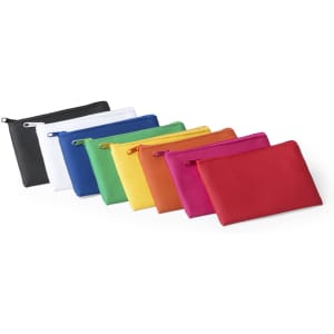 A collection of nine small purses in black, white, blue, green, yellow, orange, pink, and red, arranged in a row. Each has a zip closure.