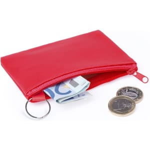 A red purse with an open zip, containing folded banknotes and two coins, plus a key ring attachment.