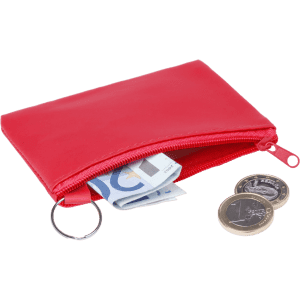 A red purse with a zip, containing banknotes and coins, and featuring a keyring attachment.