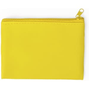 A bright yellow purse with a zip closure, featuring a smooth exterior and a small zipper pull.