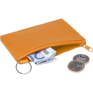An orange purse with coins and notes inside, featuring a zipper and a keyring attachment.