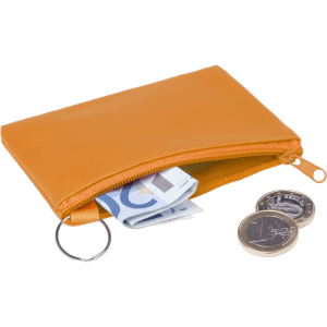 An orange purse with a zip, containing banknotes and coins, and a keyring attachment.