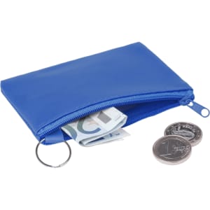 A blue purse with a zip, containing cash and coins, featuring a keyring attachment.