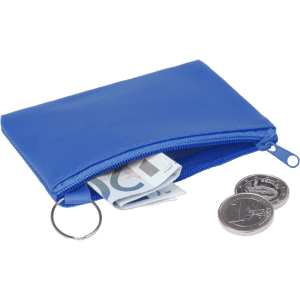 A bright blue purse with a zip, containing banknotes and coins inside. It features a keyring attachment.