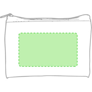 A green purse with a zip closure and an empty rectangular section on the front. It has a branding logo.