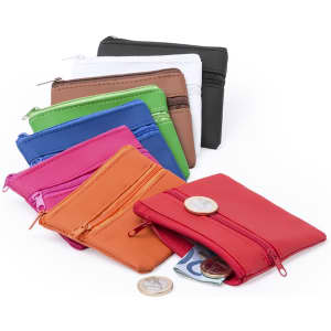 A collection of eight small purses in various colours: red, pink, orange, green, blue, black, brown, and white, each with a zip closure.