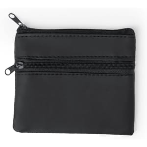 A black wallet with two zippered compartments and a sleek design. Features stitching details and a logo.
