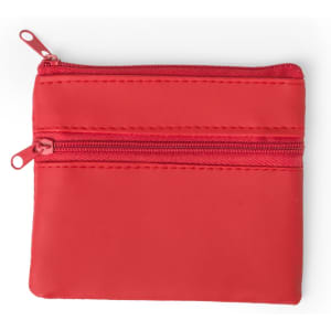 A red Ralf Purse with two zippered compartments and a smooth finish. It features a logo on the exterior.