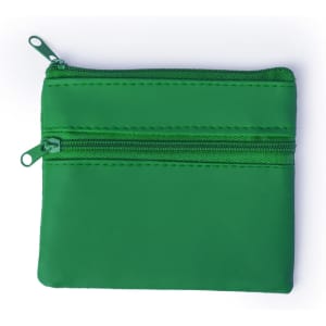 A green wallet featuring two zippered compartments and a smooth finish. It has a simple, modern design.