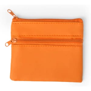 An orange zippered purse with two compartments, featuring a smooth, minimalist design.