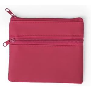 A pink purse featuring two zippered compartments and a simple design. It has a subtle logo on it.