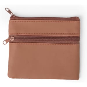 A brown wallet featuring two zippered compartments and a smooth finish, with a simple design and a logo present.
