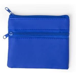 A blue wallet with two zippered compartments, featuring a smooth exterior and ample storage space.
