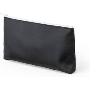 A black toiletry bag with a zip closure and a sleek design. It features a logo on one side.