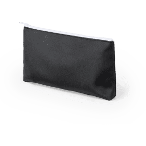 A black toiletry bag with a white zipper, featuring a logo on the surface.