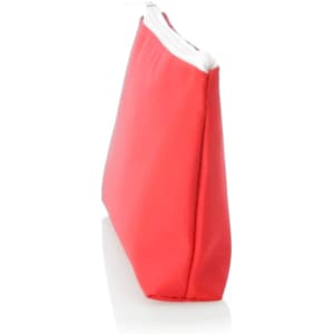A red toiletry bag with a white zipper, featuring a logo on one side.