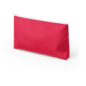 A bright pink toiletry bag with a white zip, featuring a simple design and a branding logo.