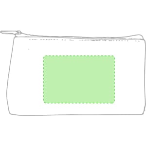 A green toiletry bag with a zip closure and a blank rectangular area for personalisation.