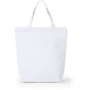 A plain white tote bag with two handles and a simple design. It features a logo on the front.