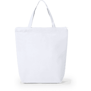 A white tote bag with two handles and a simple design. The bag features a logo on one side.