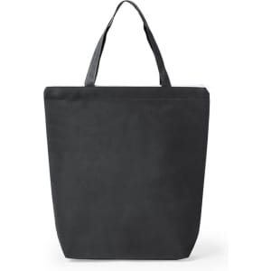 A black tote bag with two handles and a simple design, featuring a logo on the front.