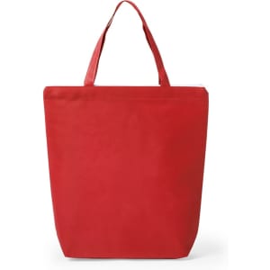 A red tote bag with two handles and a simple design, featuring a logo on one side.