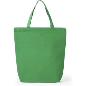A green tote bag with two handles and a simple design. Includes a branding logo.