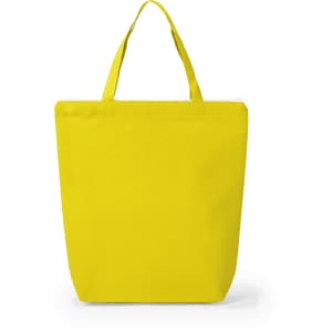 A bright yellow tote bag with sturdy handles and a simple design, featuring a branding logo.