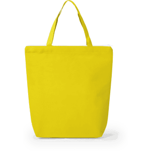 A yellow tote bag with two handles and a simple design; features a logo on one side.