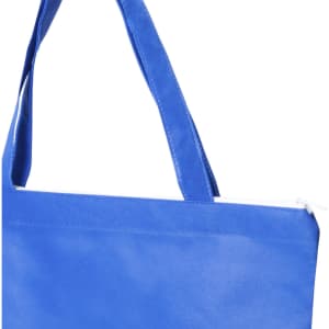 A blue tote bag with sturdy handles and a simple design, featuring a logo.