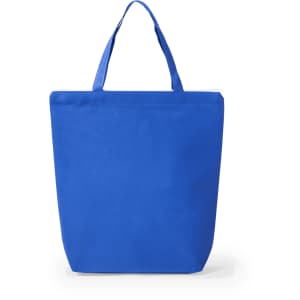 A blue tote bag with two handles and a simple design. It features a branding logo.