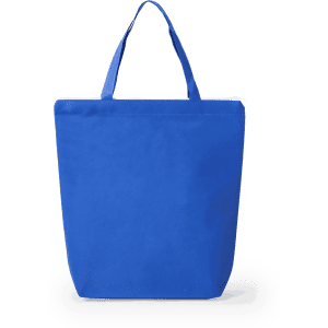 A blue tote bag with two handles and a simple design, featuring a logo on the side.