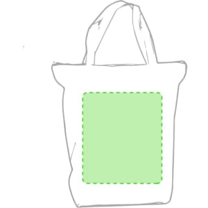 A white tote bag with green accents and a blank central area. The bag has two shoulder straps and a simple design.