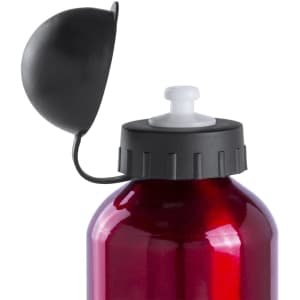 A drink bottle with a shiny red body and a black cap, featuring a white nozzle and a protective cover.