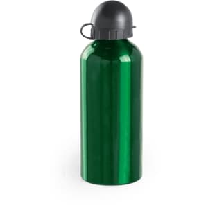 A drink bottle in shiny green with a black screw top and a looped handle. Features a logo.