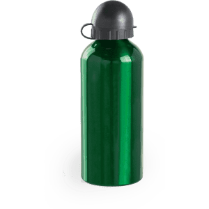 A drink bottle in glossy green with a black cap, featuring a matching loop for easy carrying.